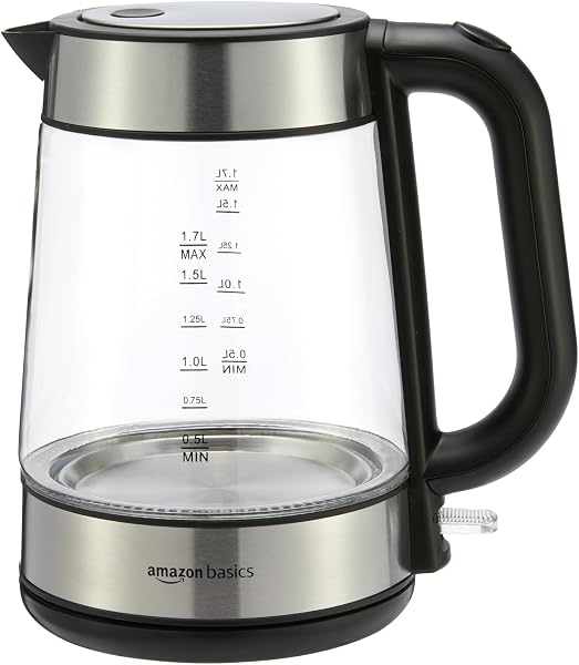 Amazon Basics Electric Kettle with Glass Carafe for Tea and Coffee, BPA-Free, Fast Boiling, Auto Shut-Off