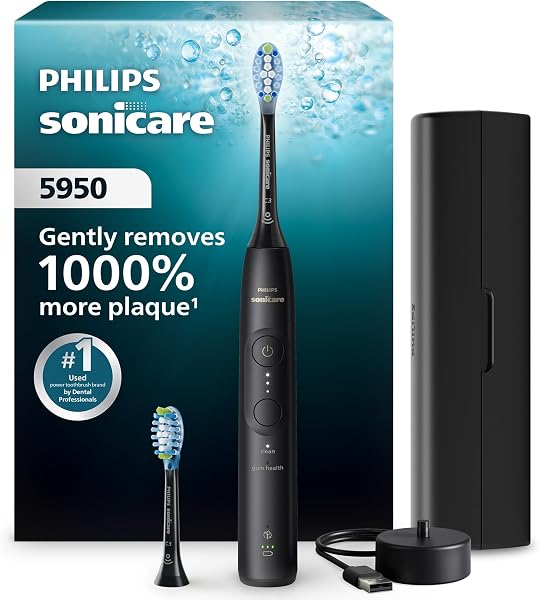 Philips Sonicare 5950 Rechargeable Electric Toothbrush, 2 Brush Head, Black | 1000% More Plaque Removal¹, Pressure Sensor, 6 Brush Settings, 21-Day Battery, Includes Travel Case, HX7131/03