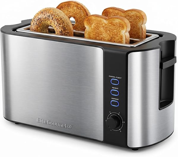 Elite Gourmet 4-Slice Long Slot Toaster, Extra-Wide Slots, 6 Browning Settings