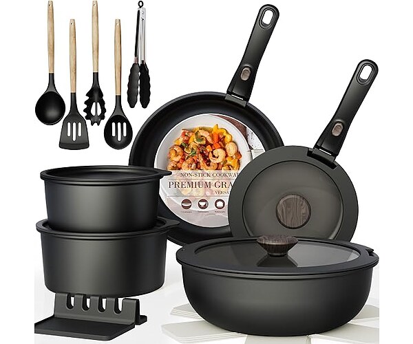 Astercook 21 Pcs Non Stick Pots and Pans Set, Ceramic Cookware, Black