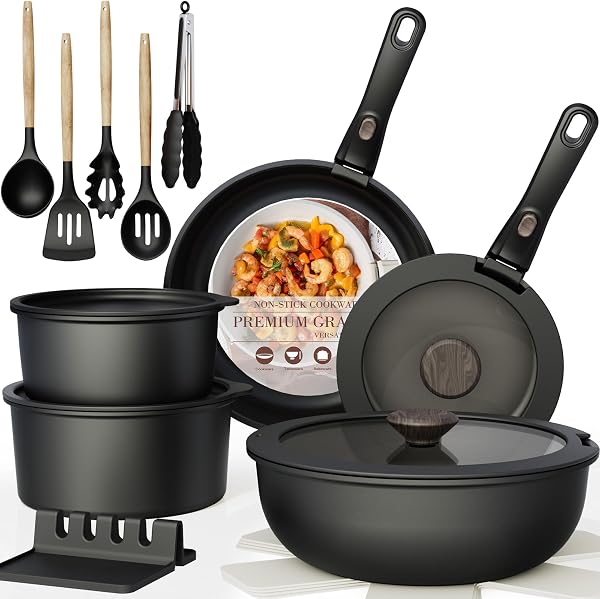 Astercook 21 Pcs Non Stick Pots and Pans Set, Ceramic Cookware, Black
