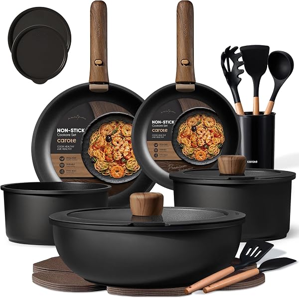 CAROTE 21pcs Non Stick Pots and Pans Set, Detachable Handle Cookware, Black