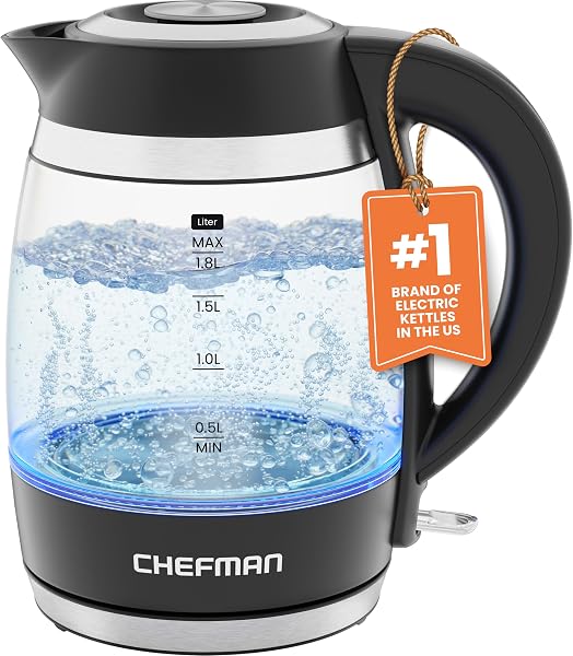 Chefman Electric Kettle, 1.8L 1500W, Hot Water Boiler, Removable Lid for Easy Cleaning, Auto Shut Off