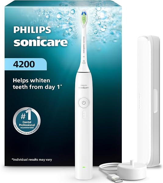 Philips Sonicare 4200 Rechargeable Electric Toothbrush, 1 Brush Head, White | Built-in Pressure Sensor, 3 Brush Settings, 14-Day Battery, Includes Travel Case, Wall Adaptor Not Included, HX4053/51