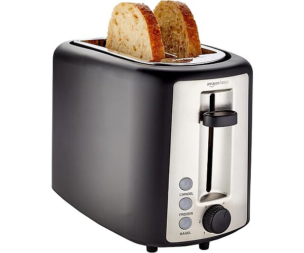 Amazon Basics 2 Slice Toaster, Extra Wide Slots for Bagels, 6 Browning Settings