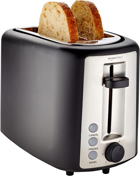 Amazon Basics 2 Slice Toaster, Extra Wide Slots for Bagels, 6 Browning Settings