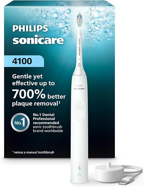 Philips Sonicare 4100 Rechargeable Electric Toothbrush, 1 Brush Head, White | 700% More Plaque Removal¹, Pressure Sensor, 2 Brush Settings, 2-Minute Guided Timer, 14-Day Battery, HX3681/23